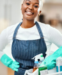 Happy, portrait and a black woman with cleaning bucket for home service or working on dirt. Smile, .