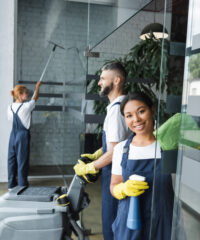 smiling bi-racial woman with detergent looking at camera near colleagues cleaning office